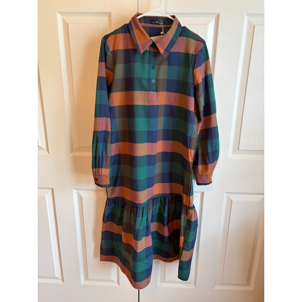 Emery Rose Plaid Ruffle Hem Midi Dress Orange Green Navy Blue L NWT Autumn Vibes
